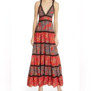 alice and olivia Karolina red black lace trim maxi dress